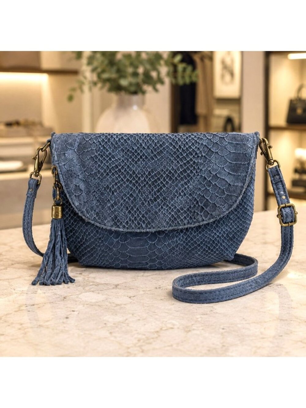 Blue Lemon Snakeskin Crossbody Purse – Vintage Leather w Fringe Paris